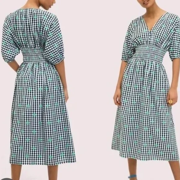Kate Spade Voile Black and White Checkered Full Dress with Green Accents - Picture 3 of 8